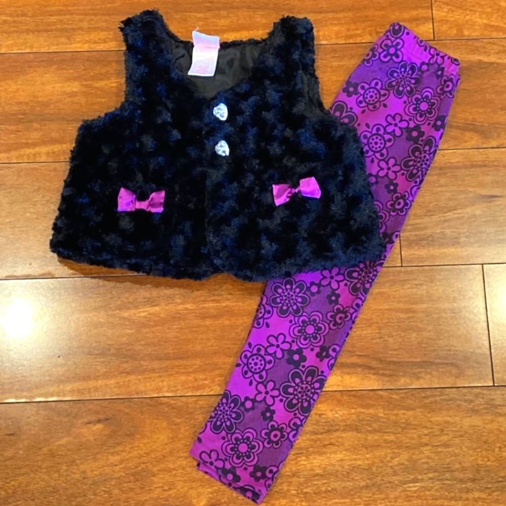 Nanette Girl 2 Piece Vest w/ Leggings Matching Outfit Size 4 Fuchsia Black